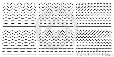 Seamless wavy line and zigzag patterns set. Horizontal curvy waves stripe and zig zags. Collection of underlines, linear sings Vector Illustration